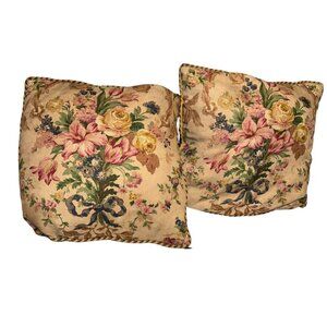 Custom Made Vintage Linen Cabbage Rose Bouquets Blue velvet 2 pillow covers 21"